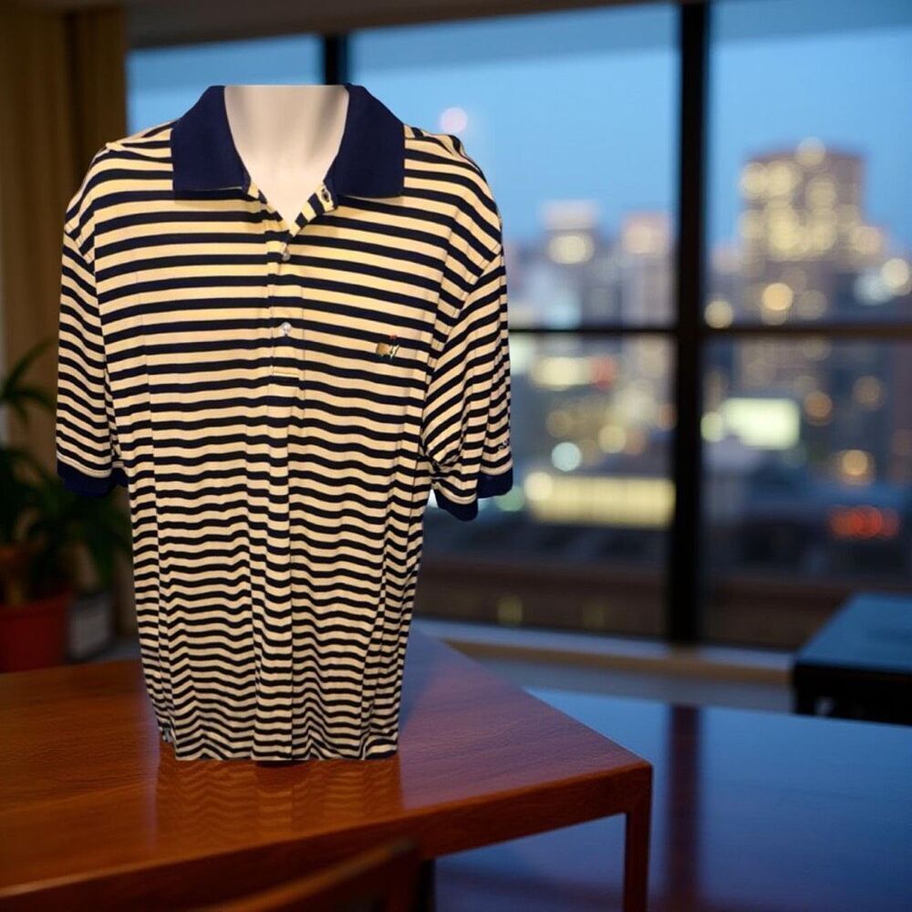 Vintage Masters Collection Pique Navy/Yellow Stripe Golf Polo Size Large #41